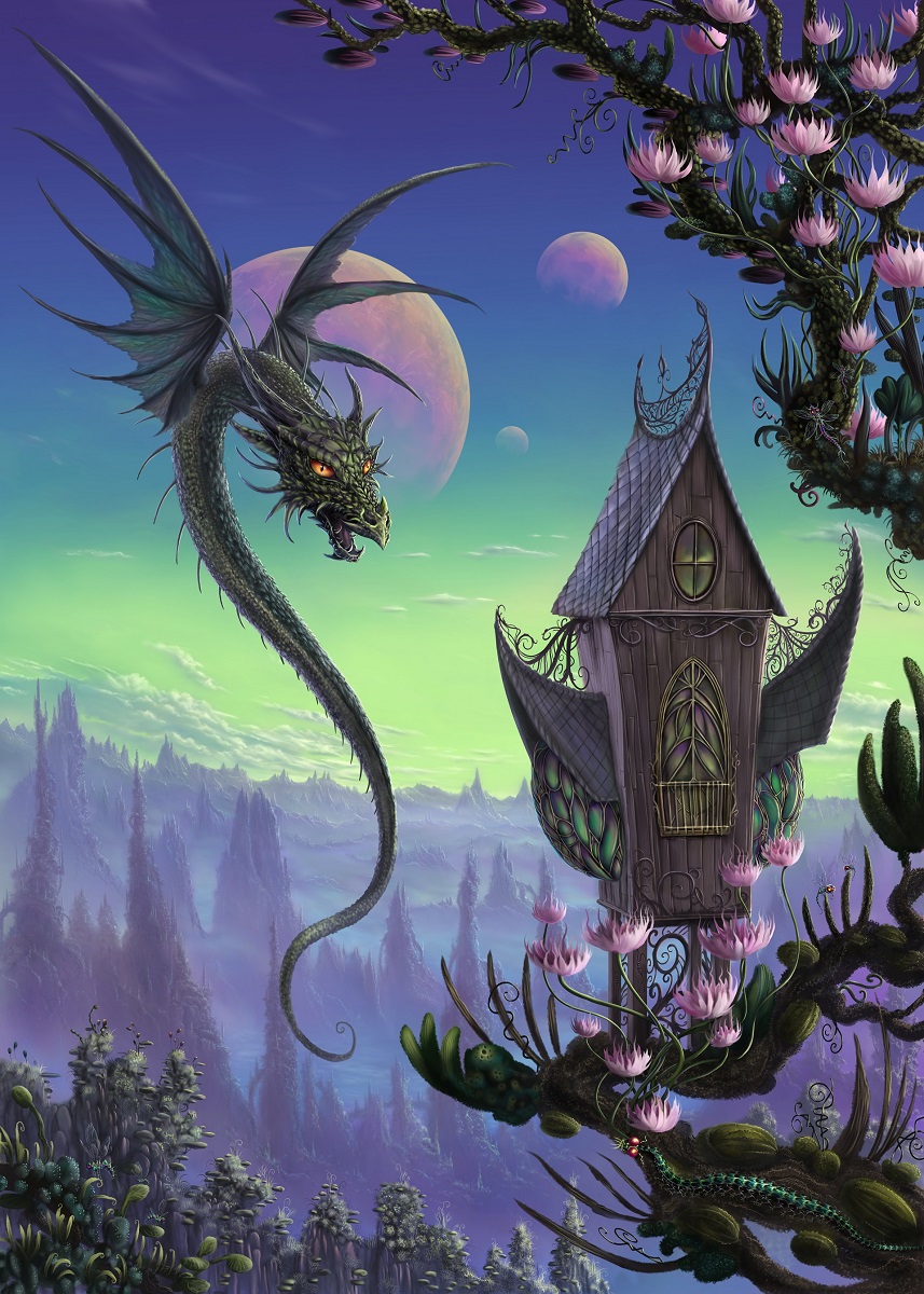 Happy woman hiker in a misty forest