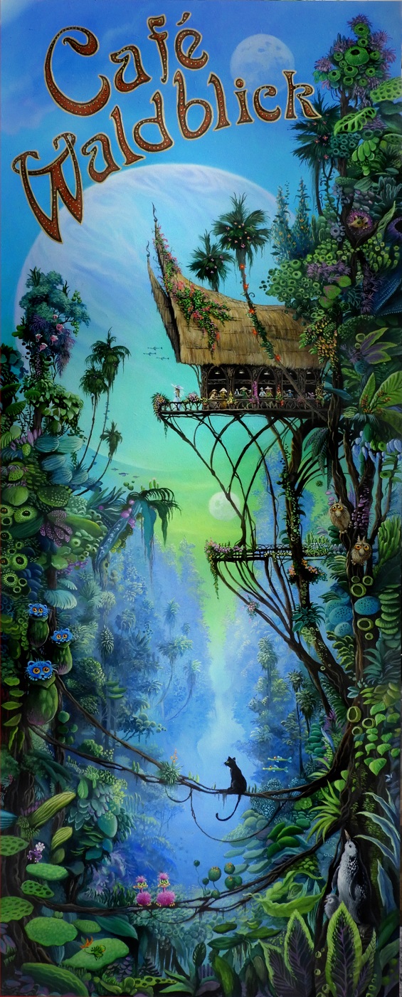 Happy woman hiker in a misty forest